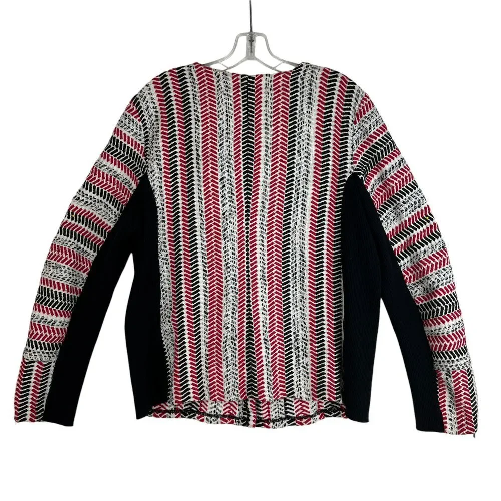 CHICOS Red‎ Black Asymmetrical Full Zip Textured Bold Moto Sofia Cardigan Size 2